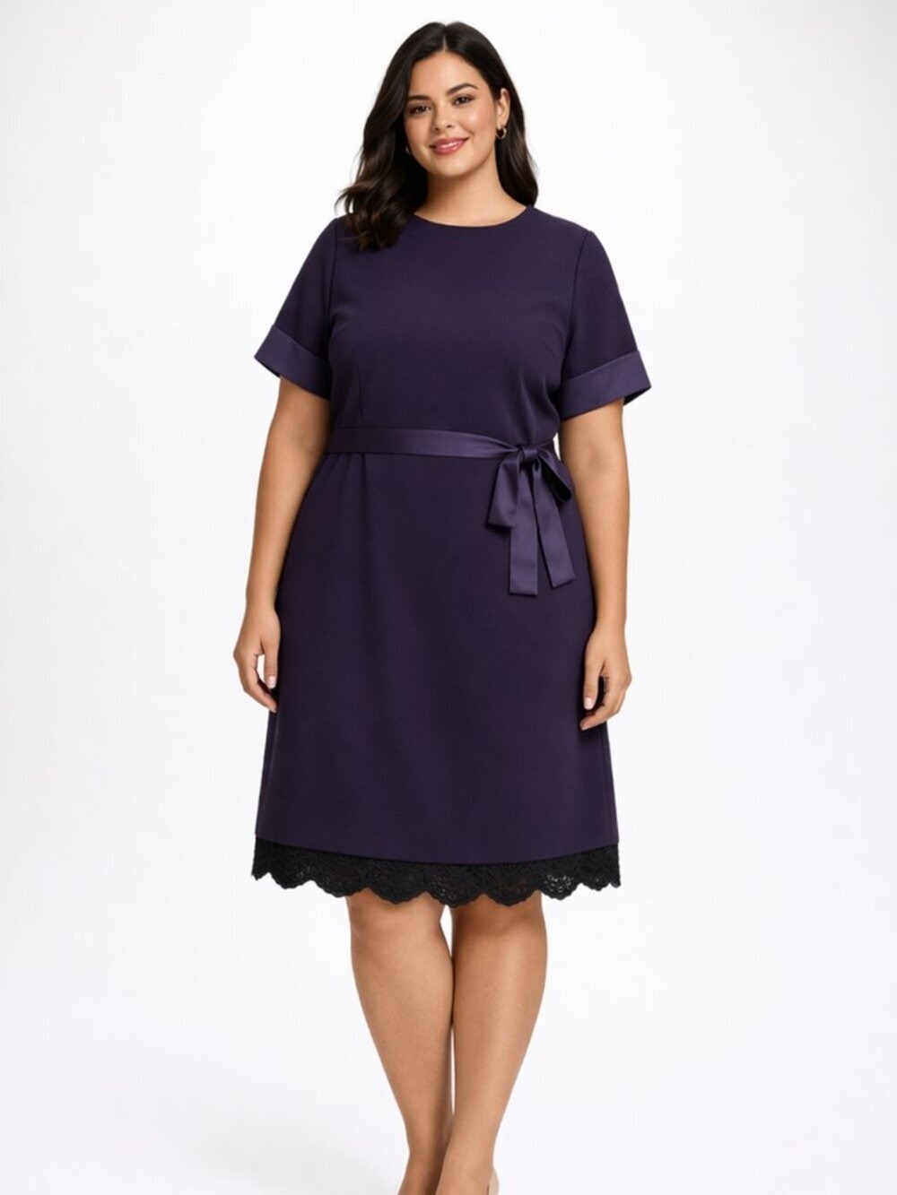 Tommy Hilfiger Navy Blue 22W Shift Dress Black Lace Hem Tie Waist